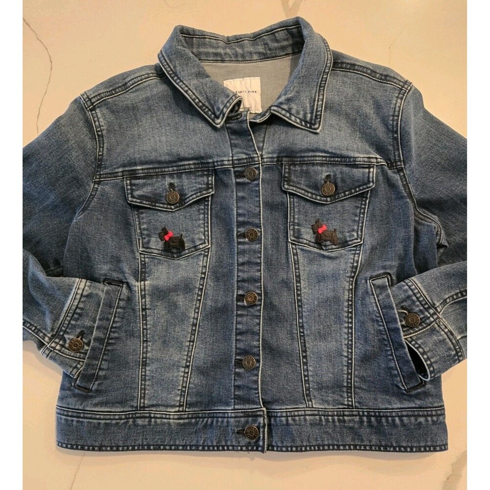 Celebrity Pink Scottie Dog Patches Denim Trucker Jacket L Collared Y2K